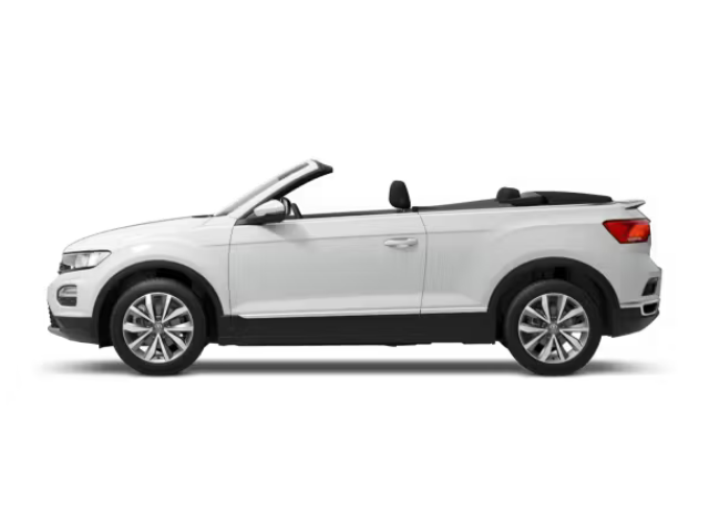 Weißer VW T-Roc Cabrio von der Seite: robustes SUV mit elektrischem Verdeck und offenem Fahrgefühl.