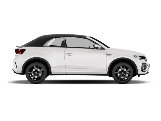 Weißer VW T-Roc Cabrio von der Seite: robustes SUV mit elektrischem Verdeck und offenem Fahrgefühl.