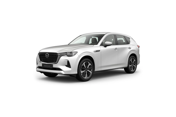Weißer Mazda CX-60 von der Seite: leistungsstarker Hybrid mit 327 PS, kombiniert Benzin- und Elektropower.